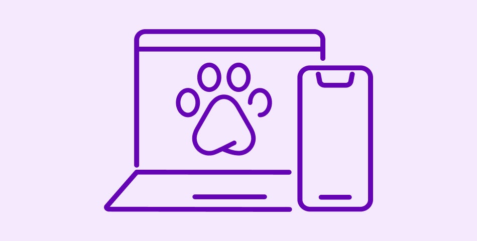 Line art of laptop and phone featuring paw print icon, indicating new Petfinder site is live.