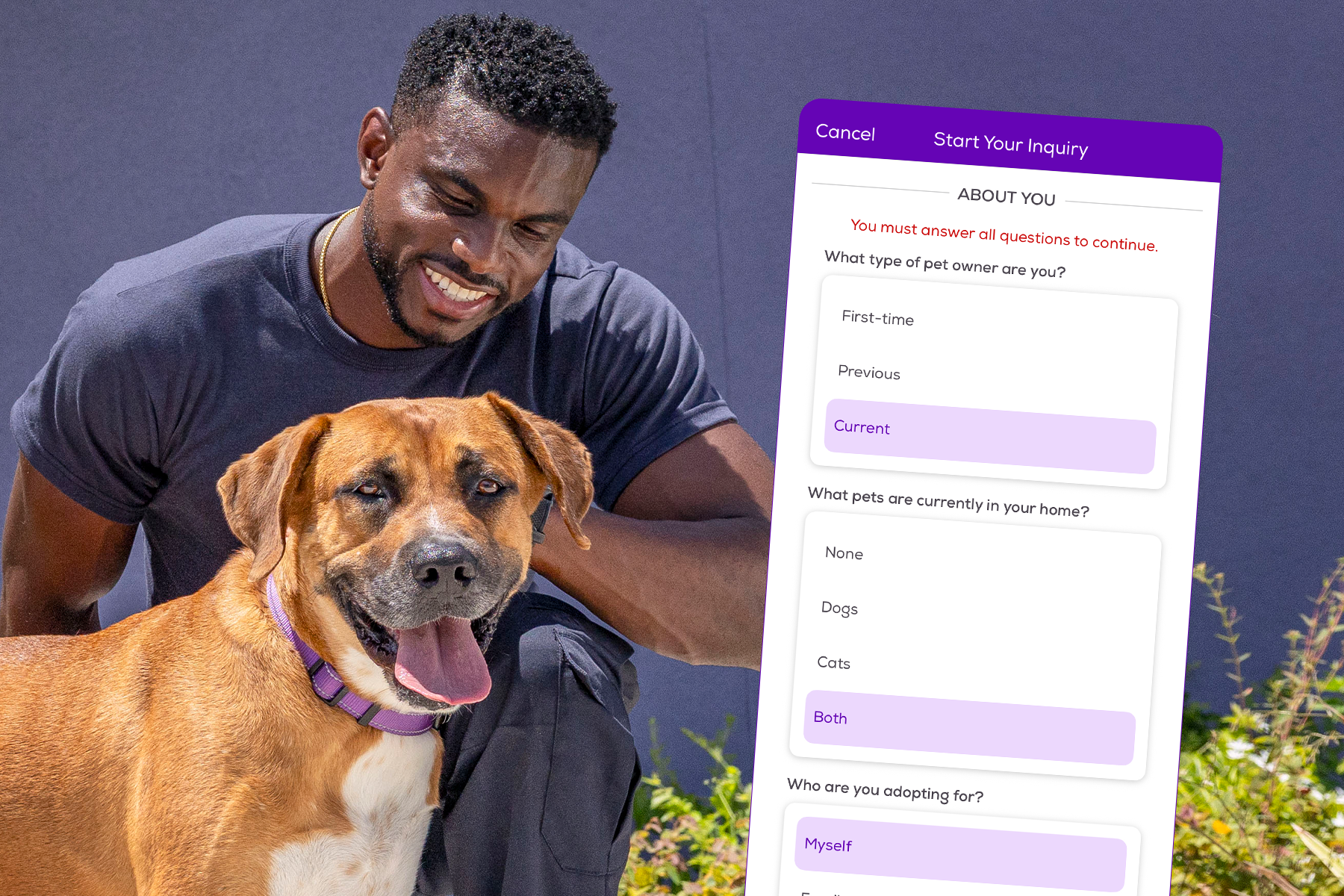 man petting dog image with an inset image of a pet adoption form